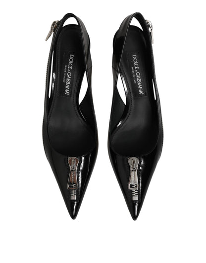 Black Zipper Leather Heels Slingbacks Shoes