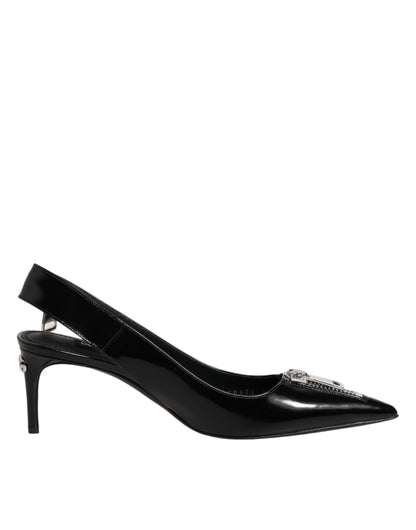 Black Zipper Leather Heels Slingbacks Shoes